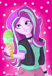 Size: 1403x2048 | Tagged: safe, artist:alecsartist, starlight glimmer, equestria girls, bad anatomy, beanie, choker, clothes, ear piercing, earring, food, hat, ice cream, jewelry, piercing, solo