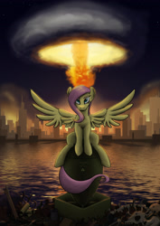 Size: 2480x3508 | Tagged: safe, artist:mozgan, fluttershy, pegasus, pony, fallout equestria, apocalypse, armageddon, atomic bomb, badass, balefire bomb, bomb, bone, city, cool guys don't look at explosions, end of the world, explosion, fanfic, fanfic art, female, flutterbadass, hooves, manehattan, mare, megaspell, megaspell explosion, ministry mares, ministry of peace, mushroom cloud, nuclear explosion, riding a bomb, river, sitting, skeleton, skull, solo, spread wings, symbolic, water, wings