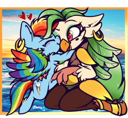 Size: 542x499 | Tagged: safe, artist:esmeia, derpibooru import, captain celaeno, rainbow dash, pegasus, pony, my little pony: the movie, celaenodash, cute, dashabetes, ear piercing, earring, eyes closed, eyeshadow, female, heart, hug, jewelry, lesbian, makeup, mare, open mouth, piercing, shipping, smiling