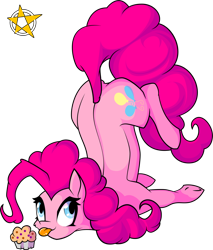 Size: 1024x1200 | Tagged: safe, artist:amberpendant, pinkie pie, earth pony, pony, cheek fluff, cute, diapinkes, face down ass up, looking at you, muffin, pinkie being pinkie, simple background, solo, tongue out, transparent background