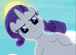 Size: 725x526 | Tagged: safe, screencap, rarity, pony, unicorn, cloud, cropped, evil grin, fresh princess of friendship, lidded eyes, smiling, smirk, solo, sun, the fresh prince of bel-air