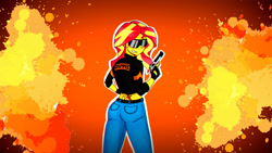 Size: 2560x1440 | Tagged: safe, artist:twilyshimmer, sunset shimmer, better together, equestria girls, belt, bunset shimmer, butt, clothes, cutie mark tattoo, desert eagle, female, gun, jeans, pants, solo, sunglasses, tattoo, tramp stamp, wallpaper, weapon