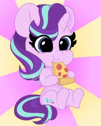 Size: 1638x2048 | Tagged: safe, artist:kittyrosie, starlight glimmer, pony, unicorn, blushing, cute, eating, female, food, glimmerbetes, mare, pizza, sitting, solo, sunburst background, tomato