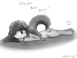 Size: 900x675 | Tagged: safe, artist:microgrid, octavia melody, earth pony, pony, 2012, grayscale, happy new year, monochrome, prone