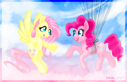 Size: 800x518 | Tagged: safe, artist:karzii, fluttershy, pinkie pie, earth pony, pegasus, pony, duo, duo female, female, mare, pink coat, pink mane, yellow mane