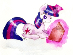 Size: 1083x816 | Tagged: safe, artist:chiuuchiuu, derpibooru import, twilight sparkle, book, glowing horn, levitation, magic, solo, telekinesis, traditional art