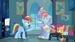 Size: 1280x720 | Tagged: safe, derpibooru import, screencap, bow hothoof, rainbow dash, scootaloo, windy whistles, pegasus, pony, parental glideance, angry, beard, bipedal, camera, clothes, facial hair, father and child, father and daughter, female, filly, floppy ears, foal, folded wings, freckles, frown, furious, hug, husband and wife, locker room, male, mare, mohawk, mother and child, mother and daughter, multicolored mane, multicolored tail, parent and child, rainbow dash is not amused, rant, sad, scared, shocked, sin of wrath, stallion, tearjerker, unamused, window, wow, yelling