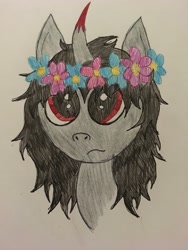 Size: 3024x4032 | Tagged: safe, artist:ice-star-pony, derpibooru import, king sombra, pony, fanfic:favorable alignment, alternate hairstyle, alternate universe, bust, curved horn, doodle, fanfic, fanfic art, floral head wreath, flower, flower in hair, horn, long mane, messy mane, missing accessory, red eyes, traditional art