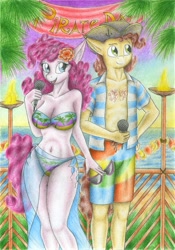 Size: 2456x3499 | Tagged: safe, artist:sinaherib, cheese sandwich, pinkie pie, anthro, bare chest, belly button, bikini, breasts, cheesepie, clothes, couple, female, male, microphone, pinkie pies, shipping, straight, swimsuit, topless, traditional art