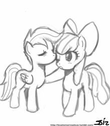 Size: 735x840 | Tagged: safe, artist:johnjoseco, apple bloom, scootaloo, female, grayscale, kissing, lesbian, monochrome, scootabloom, shipping