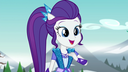 Size: 1280x720 | Tagged: safe, screencap, rarity, equestria girls, legend of everfree, clothes, female, mountain, open mouth, ponied up, pony ears, solo, sparkles, super ponied up, tree