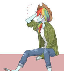 Size: 900x1000 | Tagged: safe, artist:dcon, derpibooru import, rainbow dash, human, equestria girls, applejack's hat, clothes swap, cowboy hat, female, hat, implied appledash, implied applejack, implied lesbian, implied shipping, simple background, solo