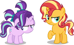 Size: 4000x2440 | Tagged: safe, artist:orin331, starlight glimmer, sunset shimmer, unicorn, alternate hairstyle, cute, duo, female, filly, filly starlight glimmer, filly sunset shimmer, glimmerbetes, raised hoof, shimmerbetes, simple background, transparent background, vector, younger