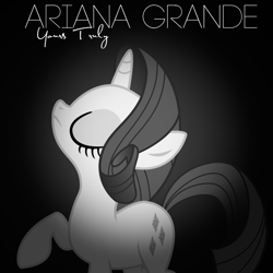 Size: 800x800 | Tagged: safe, artist:penguinsn1fan, artist:tomfraggle, rarity, pony, unicorn, ariana grande, cover, eyes closed, monochrome, parody, raised hoof, solo