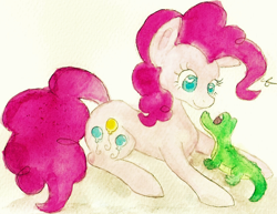 Size: 814x627 | Tagged: safe, artist:chiuuchiuu, gummy, pinkie pie, earth pony, pony, traditional art, watercolor painting