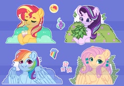 Size: 2048x1427 | Tagged: safe, artist:auroracursed, fluttershy, phyllis, rainbow dash, starlight glimmer, sunset shimmer, pegasus, pony, unicorn, obtrusive watermark, sticker, watermark