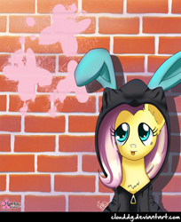 Size: 816x1000 | Tagged: safe, artist:clouddg, fluttershy, pegasus, pony, :p, brick wall, bunny ears, clothes, costume, dangerous mission outfit, female, hoodie, looking at you, mare, solo, tongue out