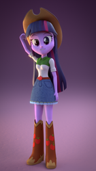 Size: 810x1440 | Tagged: safe, artist:creatorofpony, applejack, twilight sparkle, equestria girls, /mlp/, 3d, 3d model, belt, belt buckle, blender, boots, clothes, clothes swap, cowboy boots, cowboy hat, cowgirl, denim skirt, hat, skirt, smiling, stetson