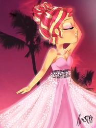 Size: 1800x2400 | Tagged: safe, artist:artmlpk, sunset shimmer, equestria girls, alternate hairstyle, armpits, beach, beautiful, clothes, cute, design, diamond, digital art, dress, eyelashes, eyes closed, eyeshadow, fashion, hand on head, makeup, party, party dress, pretty, shimmerbetes, solo, sunset