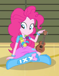 Size: 308x394 | Tagged: safe, screencap, pinkie pie, equestria girls, rainbow rocks, shake your tail, balloon, boots, bracelet, clothes, flower, high heel boots, jewelry, lei, skirt, solo, ukulele