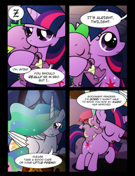 Size: 1275x1650 | Tagged: safe, artist:dsana, princess celestia, spike, twilight sparkle, alicorn, dragon, pony, unicorn, comic:lessons, comic, cute, dsana is trying to murder us, female, filly, filly twilight sparkle, male, mare, onomatopoeia, sleeping, sound effects, z, zzz