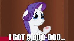 Size: 625x348 | Tagged: safe, screencap, rarity, pony, unicorn, magic duel, image macro, injured, meme, pain, sad, solo, underhoof