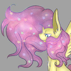 Size: 1200x1200 | Tagged: safe, artist:dweebpone, fluttershy, pegasus, pony, bust, female, flower, flower in hair, gray background, lidded eyes, looking down, mare, profile, simple background, smiling, solo, spread wings, wings