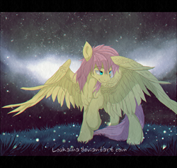 Size: 894x849 | Tagged: safe, artist:loukaina, fluttershy, pegasus, pony, chromatic aberration, grass, solo, stars