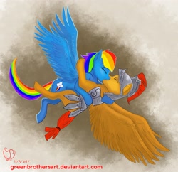 Size: 3412x3303 | Tagged: safe, artist:greenbrothersart, derpibooru import, flash magnus, rainbow dash, pegasus, pony, armor, dashmagnus, eyes closed, female, helmet, kissing, male, mare, shipping, stallion, straight, wings