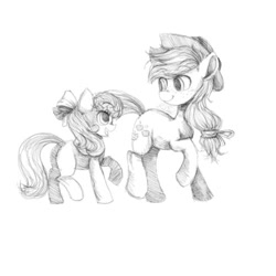 Size: 500x500 | Tagged: dead source, safe, artist:art-by-flier, apple bloom, applejack, earth pony, pony, monochrome, traditional art