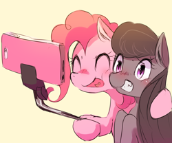 Size: 1024x853 | Tagged: safe, artist:kora, octavia melody, pinkie pie, earth pony, pony, friendshipping, selfie, selfie stick