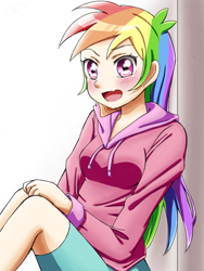 Size: 1080x1440 | Tagged: safe, artist:tastyrainbow, derpibooru import, rainbow dash, human, equestria girls, blushing, clothes, cute, dashabetes, female, happy, humanized, smiling, solo, sweater