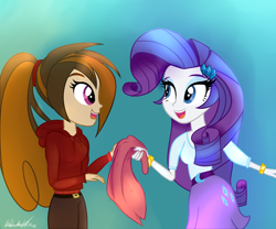 Size: 1200x1000 | Tagged: safe, artist:wubcakeva, rarity, oc, oc:cupcake slash, equestria girls, bracelet, clothes, cute, duo, female, gradient background, hoodie, jewelry, looking at each other, open mouth, pants, ponytail, skirt, smiling