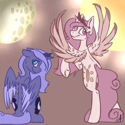 Size: 1024x1024 | Tagged: safe, artist:albinnada, artist:twishtwishy, princess celestia, princess luna, alicorn, pony, bipedal, both cutie marks, colored wings, colored wingtips, cute, cutelestia, duality, duo, floppy ears, full moon, looking at you, looking back, lunabetes, moon, pink-mane celestia, pinklestia, rearing, royal sisters, s1 luna, sitting, smiling, spread wings, sun, underhoof, younger