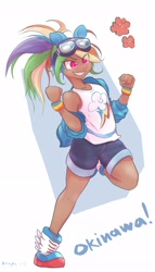 Size: 1170x2048 | Tagged: safe, artist:noupu, derpibooru import, rainbow dash, human, clothes, female, goggles, humanized, jacket, kotobukiya, kotobukiya rainbow dash, okinawan dash, shirt, shorts, solo