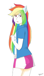 Size: 1080x1874 | Tagged: safe, artist:springturner, derpibooru import, rainbow dash, human, equestria girls, equestria girls outfit, eye clipping through hair, female, humanized, no pupils, open mouth, pixiv, pony ears, simple background, solo, transparent background