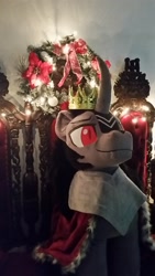 Size: 1836x3264 | Tagged: safe, artist:akiacreations, artist:earthenhoof, derpibooru import, king sombra, pony, unicorn, armor, bow, christmas, christmas lights, clothes, crown, holiday, irl, jewelry, male, photo, plushie, regalia, robe, sitting, solo, stallion, throne, wreath