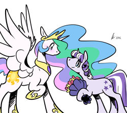 Size: 1280x1143 | Tagged: safe, artist:rwl, princess celestia, twilight velvet, alicorn, pony, unicorn, fanfic:just like old times, blushing, bouquet, crack shipping, fanfic, fanfic art, female, floppy ears, lesbian, looking at each other, looking down, looking up, mare, open mouth, raised hoof, shipping, simple background, smiling, spread wings, story in the comments, velestia, white background