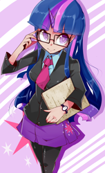 Size: 900x1482 | Tagged: safe, artist:hua, derpibooru import, twilight sparkle, human, adorkable, clothes, colored pupils, cute, dork, glasses, horned humanization, humanized, miniskirt, necktie, school uniform, schoolgirl, skirt, solo, watch