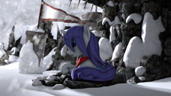 Size: 2560x1440 | Tagged: safe, artist:redaceofspades, rarity, pony, unicorn, 3d, abandoned, building, clothes, crying, flag, mountain, poster, sad, scarf, snow, solo, source filmmaker