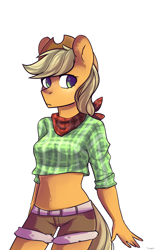 Size: 2221x3578 | Tagged: safe, artist:joo13, applejack, anthro, bandana, belly button, clothes, midriff, simple background, solo