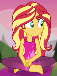 Size: 530x705 | Tagged: safe, screencap, sunset shimmer, better together, choose your own ending, equestria girls, wake up!, wake up!: rainbow dash, barefoot, cute, feet, geode of empathy, magical geodes, shimmerbetes, solo, yoga, yoga mat