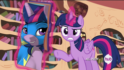 Size: 1280x720 | Tagged: safe, artist:skipsy, derpibooru import, edit, edited screencap, screencap, twilight sparkle, twilight sparkle (alicorn), alicorn, anthro, testing testing 1-2-3, all new, hub logo, image macro, meme, rainbow dash's centerfold, solo, text