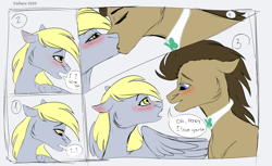 Size: 4000x2454 | Tagged: safe, artist:failure, derpy hooves, doctor whooves, earth pony, pegasus, pony, blushing, bowtie, comic, commission, cute, derpabetes, doctorderpy, eyes closed, female, french kiss, kissing, male, mare, romantic, shipping, speech bubble, stallion, straight, wholesome, ych result