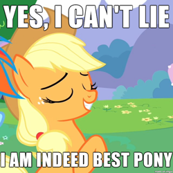 Size: 610x610 | Tagged: safe, screencap, applejack, earth pony, pony, best pony, bronybait, image macro, meme, troll quote