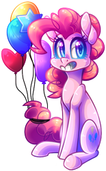 Size: 362x583 | Tagged: safe, artist:tidalwav-3, pinkie pie, earth pony, pony, balloon, grin, looking at you, simple background, sitting, solo, transparent background