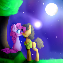 Size: 2500x2500 | Tagged: safe, artist:applejacks2, cheese sandwich, pinkie pie, earth pony, pony, blushing, cheesepie, female, high res, kissing, male, night, shipping, straight