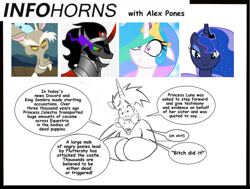 Size: 1255x951 | Tagged: safe, artist:alexspastic, derpibooru import, discord, king sombra, princess celestia, princess luna, oc, oc:alex pones, alicorn, pony, unicorn, alex jones, conspiracy, dialogue, glasses, infowars, lineart, parody, sombra eyes, sweat, vulgar