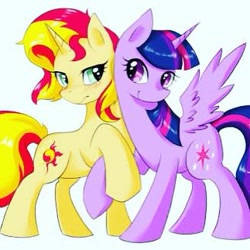 Size: 323x323 | Tagged: safe, artist:yaoi_yuri_is_just_perfect, sunset shimmer, twilight sparkle, twilight sparkle (alicorn), alicorn, pony, unicorn, female, lesbian, looking at each other, mare, raised hoof, shipping, spread wings, sunsetsparkle, wings