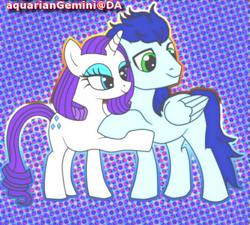 Size: 550x495 | Tagged: safe, artist:eri-ampora, rarity, soarin', pony, unicorn, crack shipping, female, holding hooves, male, shipping, soarity, straight